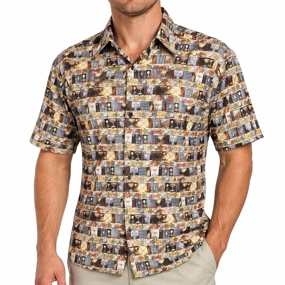 Kahala Hawaiian Aloha Shirt Large Severson Golf Bags Clubs Martinis Floral Brown